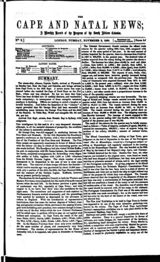 cover page of Cape and Natal News published on November 2, 1858