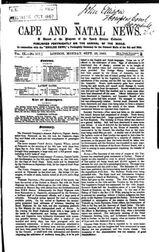 cover page of Cape and Natal News published on September 23, 1867