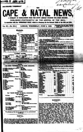 cover page of Cape and Natal News published on June 9, 1869
