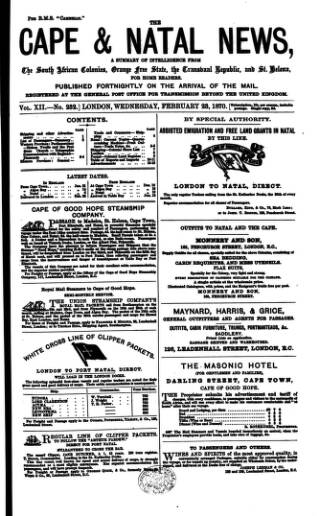 cover page of Cape and Natal News published on February 23, 1870