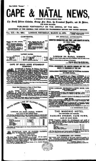 cover page of Cape and Natal News published on March 10, 1870