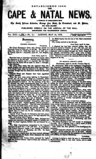 cover page of Cape and Natal News published on May 10, 1879
