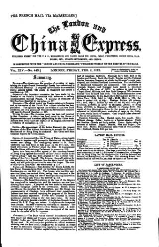 cover page of London and China Express published on February 2, 1872
