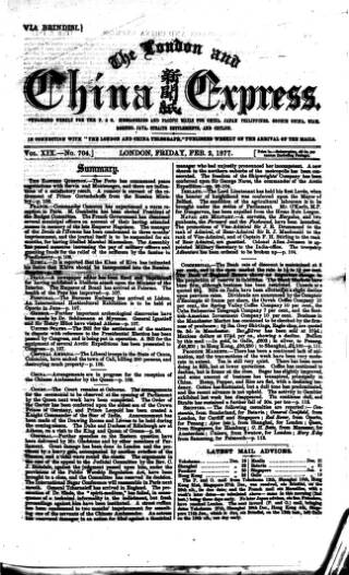 cover page of London and China Express published on February 2, 1877