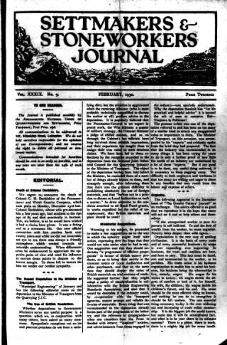 cover page of Settmakers' and Stoneworkers' Journal published on February 1, 1930