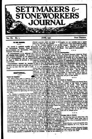 cover page of Settmakers' and Stoneworkers' Journal published on June 1, 1930