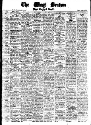 cover page of West Briton and Cornwall Advertiser published on February 2, 1956