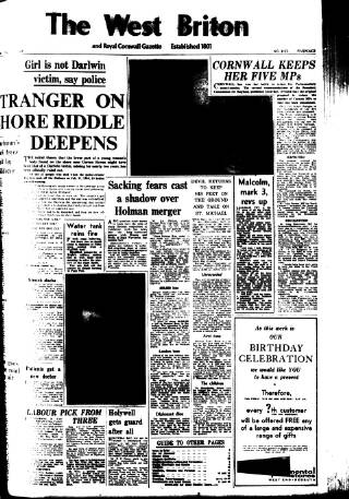 cover page of West Briton and Cornwall Advertiser published on May 2, 1968