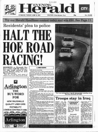 cover page of Western Evening Herald published on June 18, 1991