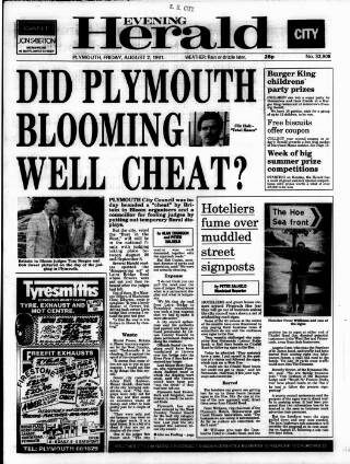 cover page of Western Evening Herald published on August 2, 1991