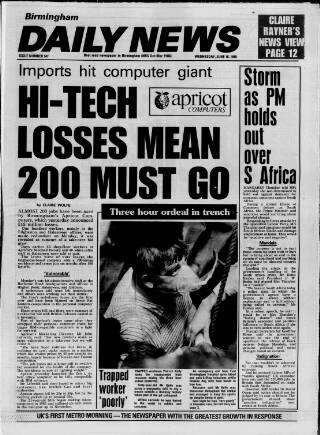 cover page of Birmingham News published on June 18, 1986