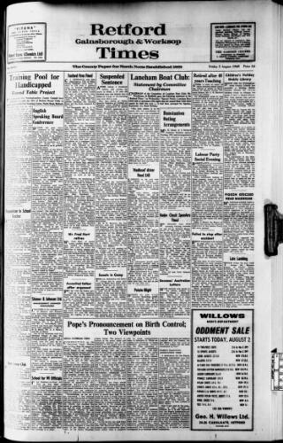 cover page of Retford, Gainsborough & Worksop Times published on August 2, 1968