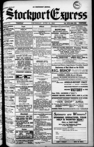 cover page of Stockport County Express published on June 18, 1942