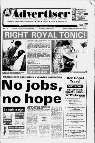 cover page of Oldham Advertiser published on June 18, 1992