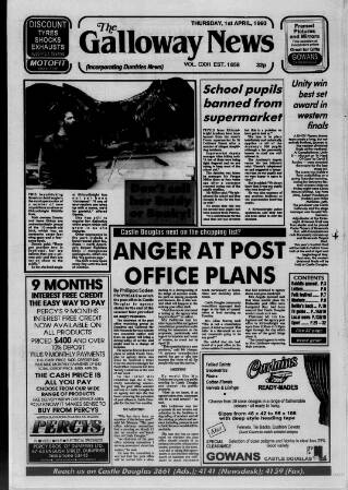 cover page of Galloway News and Kirkcudbrightshire Advertiser published on April 1, 1993