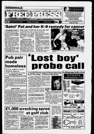 cover page of Rossendale Free Press published on August 2, 1991