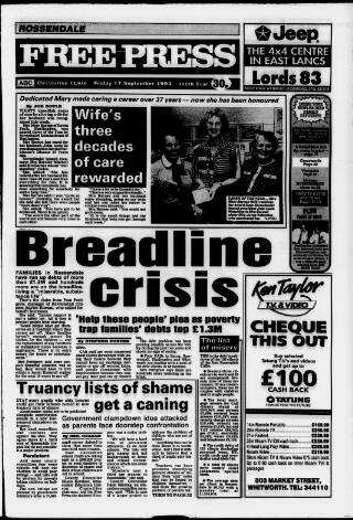 cover page of Rossendale Free Press published on September 17, 1993