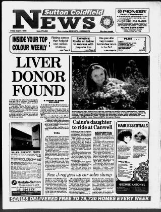 cover page of Sutton Coldfield News published on August 2, 1991