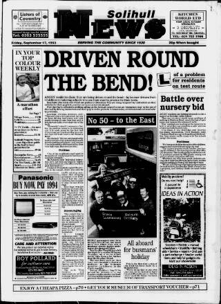 cover page of Solihull News published on September 17, 1993