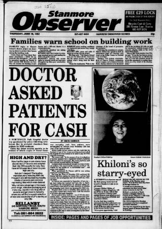 cover page of Stanmore Observer published on June 18, 1992