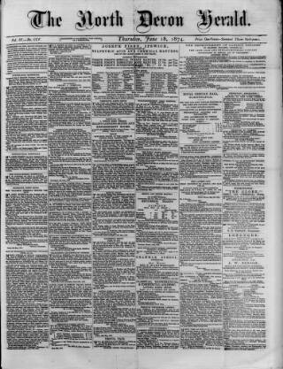 cover page of North Devon Herald published on June 18, 1874