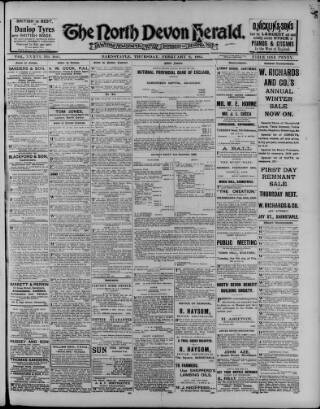 cover page of North Devon Herald published on February 2, 1905