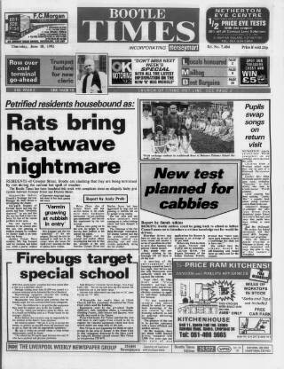 cover page of Bootle Times published on June 18, 1992