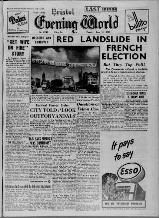 cover page of Bristol Evening World published on June 18, 1951
