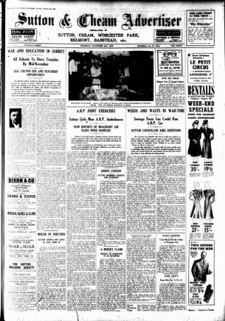 cover page of Sutton & Epsom Advertiser published on November 2, 1939