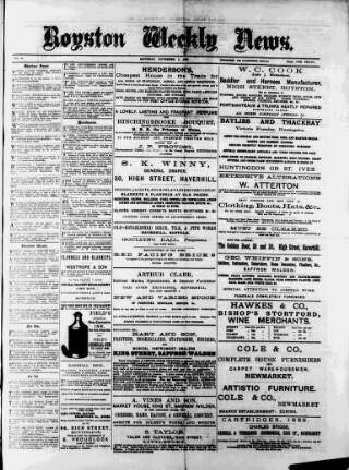 cover page of Royston Weekly News published on November 2, 1889
