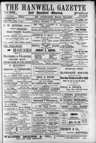 cover page of Hanwell Gazette and Brentford Observer published on September 17, 1904
