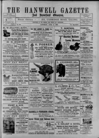 cover page of Hanwell Gazette and Brentford Observer published on June 18, 1910