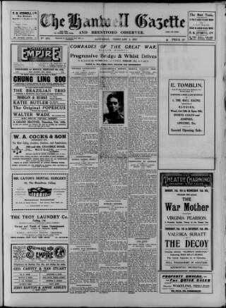 cover page of Hanwell Gazette and Brentford Observer published on February 2, 1918