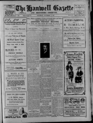 cover page of Hanwell Gazette and Brentford Observer published on November 2, 1918