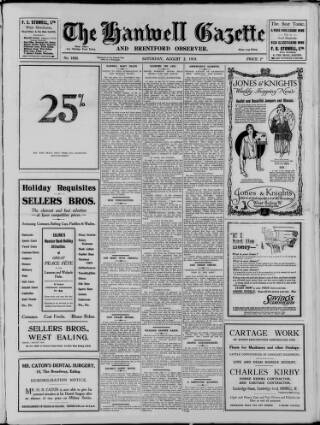cover page of Hanwell Gazette and Brentford Observer published on August 2, 1919