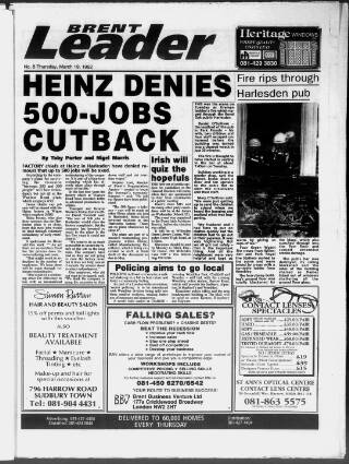 cover page of Brent Leader published on March 19, 1992