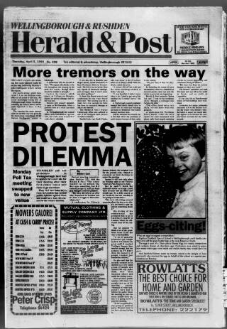 cover page of Wellingborough & Rushden Herald & Post published on April 5, 1990