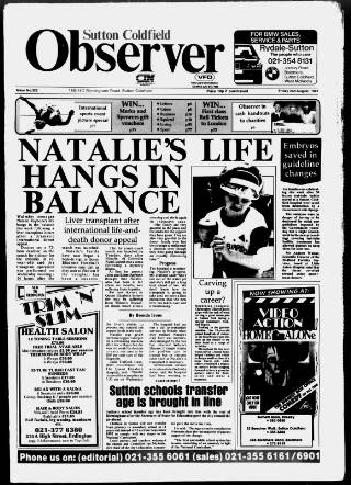 cover page of Sutton Coldfield Observer published on August 2, 1991