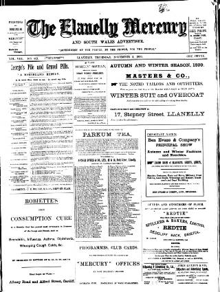 cover page of Llanelly Mercury published on November 2, 1899