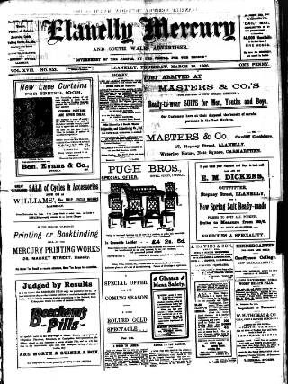 cover page of Llanelly Mercury published on March 19, 1908