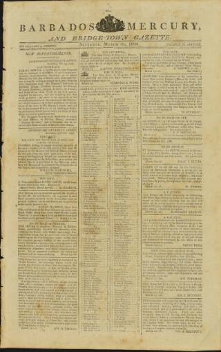 cover page of Barbados Mercury and Bridge-town Gazette published on March 19, 1808