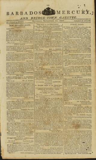 cover page of Barbados Mercury and Bridge-town Gazette published on September 17, 1808