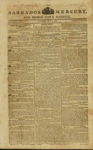 cover page of Barbados Mercury and Bridge-town Gazette published on May 4, 1816