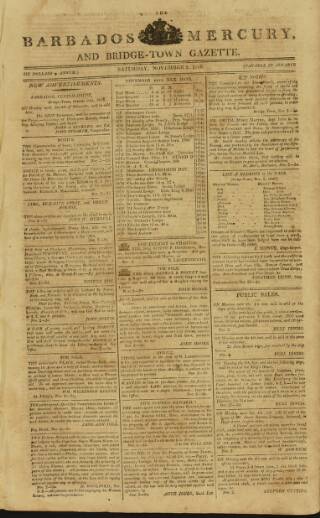 cover page of Barbados Mercury and Bridge-town Gazette published on November 2, 1816