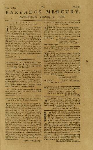 cover page of Barbados Mercury published on February 2, 1788