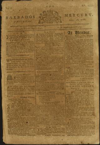 cover page of Barbados Mercury published on April 26, 1788