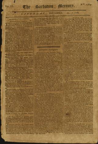 cover page of Barbados Mercury published on September 20, 1788