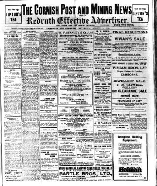 cover page of Cornish Post and Mining News published on August 2, 1924