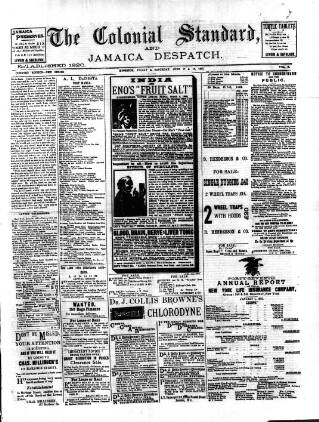 cover page of Colonial Standard and Jamaica Despatch published on June 18, 1892