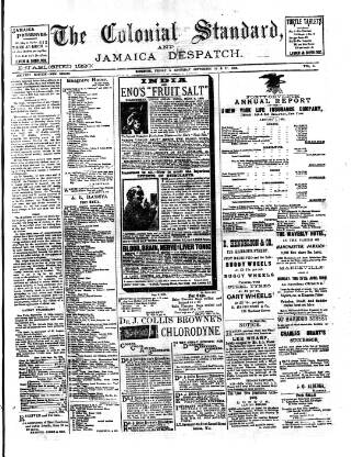 cover page of Colonial Standard and Jamaica Despatch published on September 17, 1892